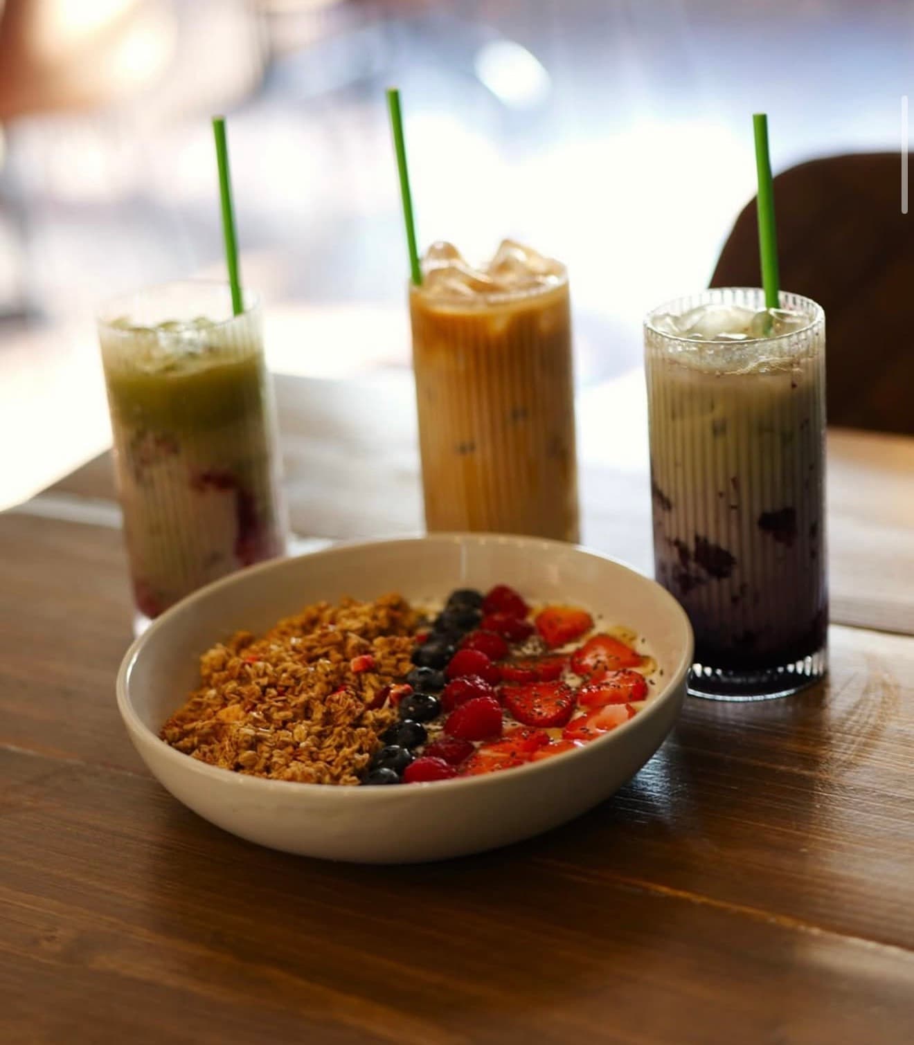 Iced drinks and a granola bowl